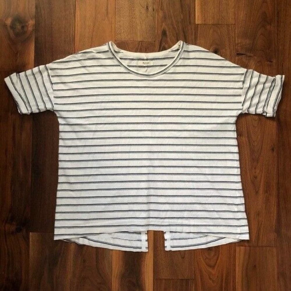Madewell White & Black Stripe Split Back Cuffed Sleeve Slub T-Shirt Top Size XS